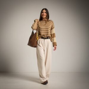 Laisvo kirpimo dryžuotas megztinis.