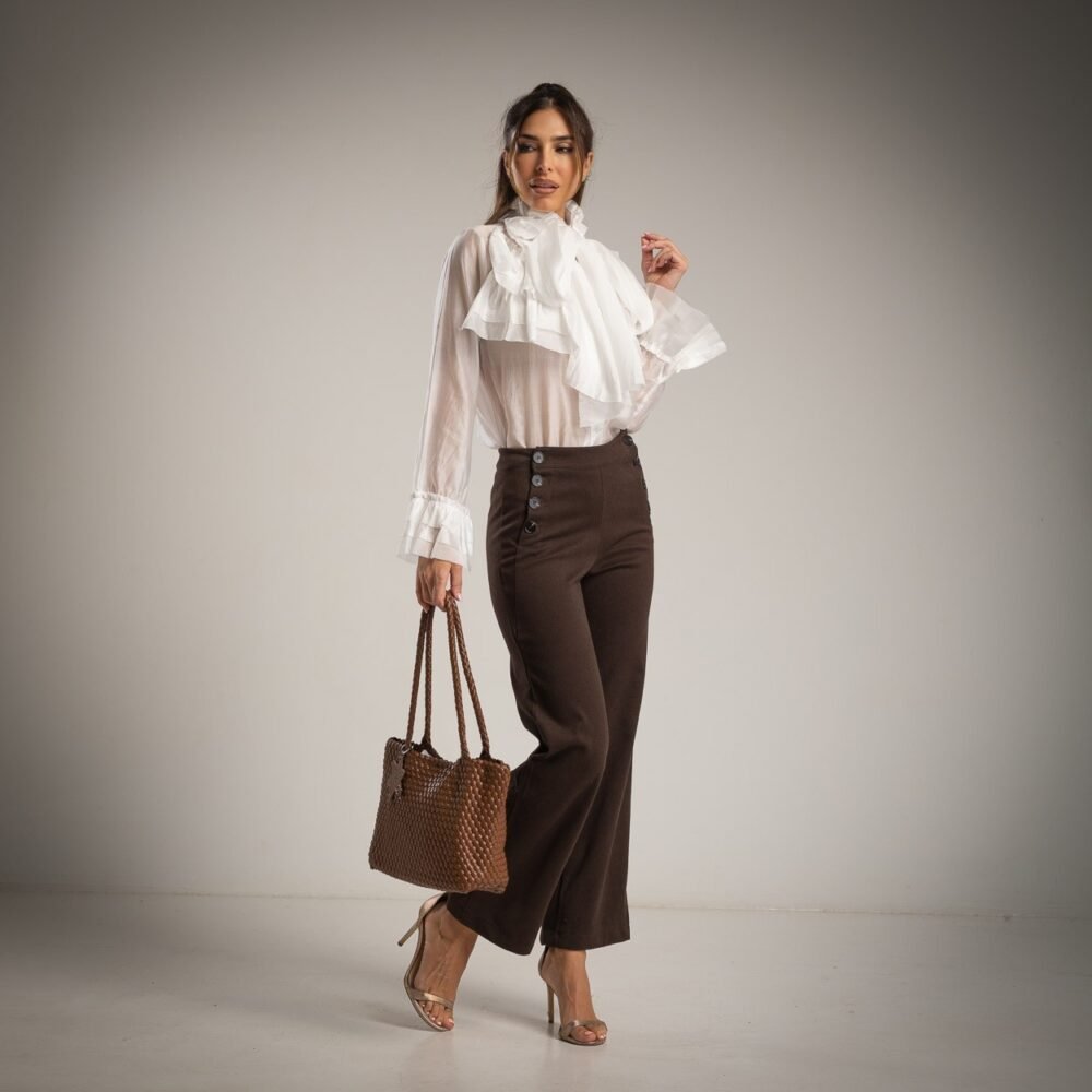 173176 Rudos Plačių Klešnių Kelnės su Dekoratyvinėmis Sagomis!