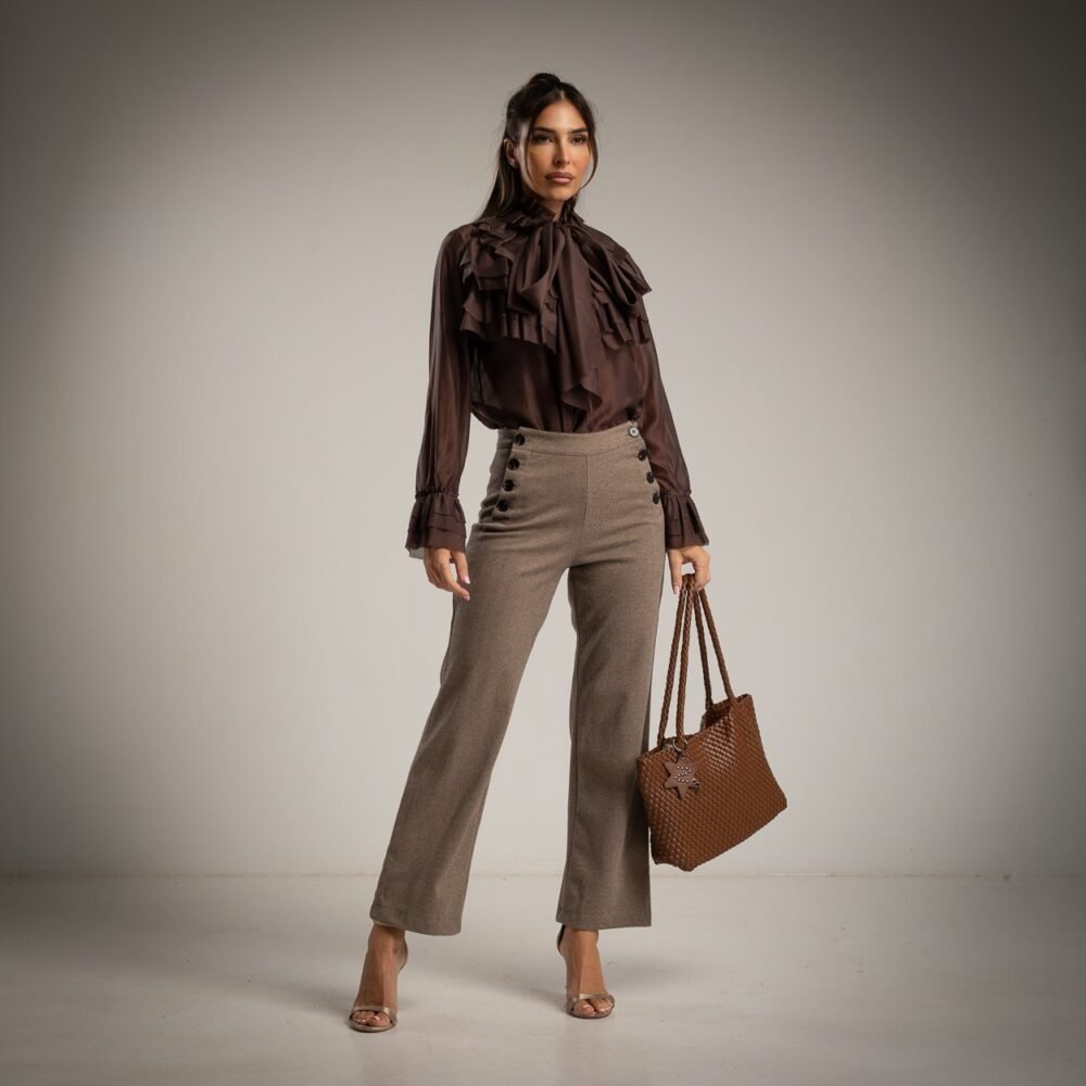 173177 Rudos Plačių Klešnių Kelnės su Dekoratyvinėmis Sagomis!