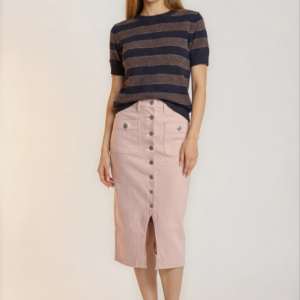 Rožinis „Midi“ ilgio džinsinis sijonas su sagomis.