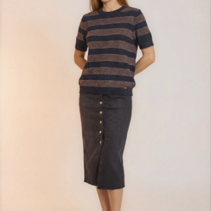 Juodas „Midi“ ilgio džinsinis sijonas su sagomis.