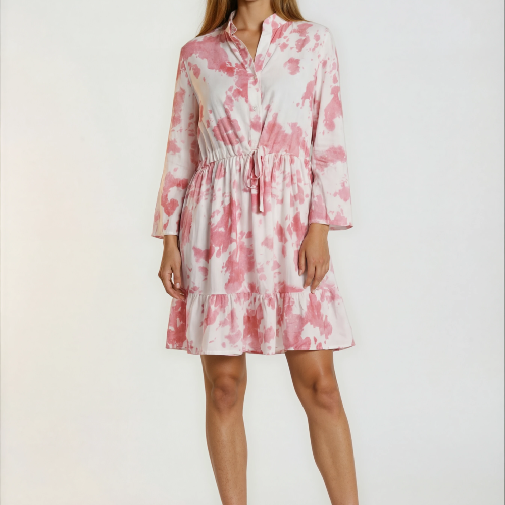 1000018724-women footwear 2_front-Nora-Warm Studio-2 Rožinės spalvos raštų suknelė su raukiniais.