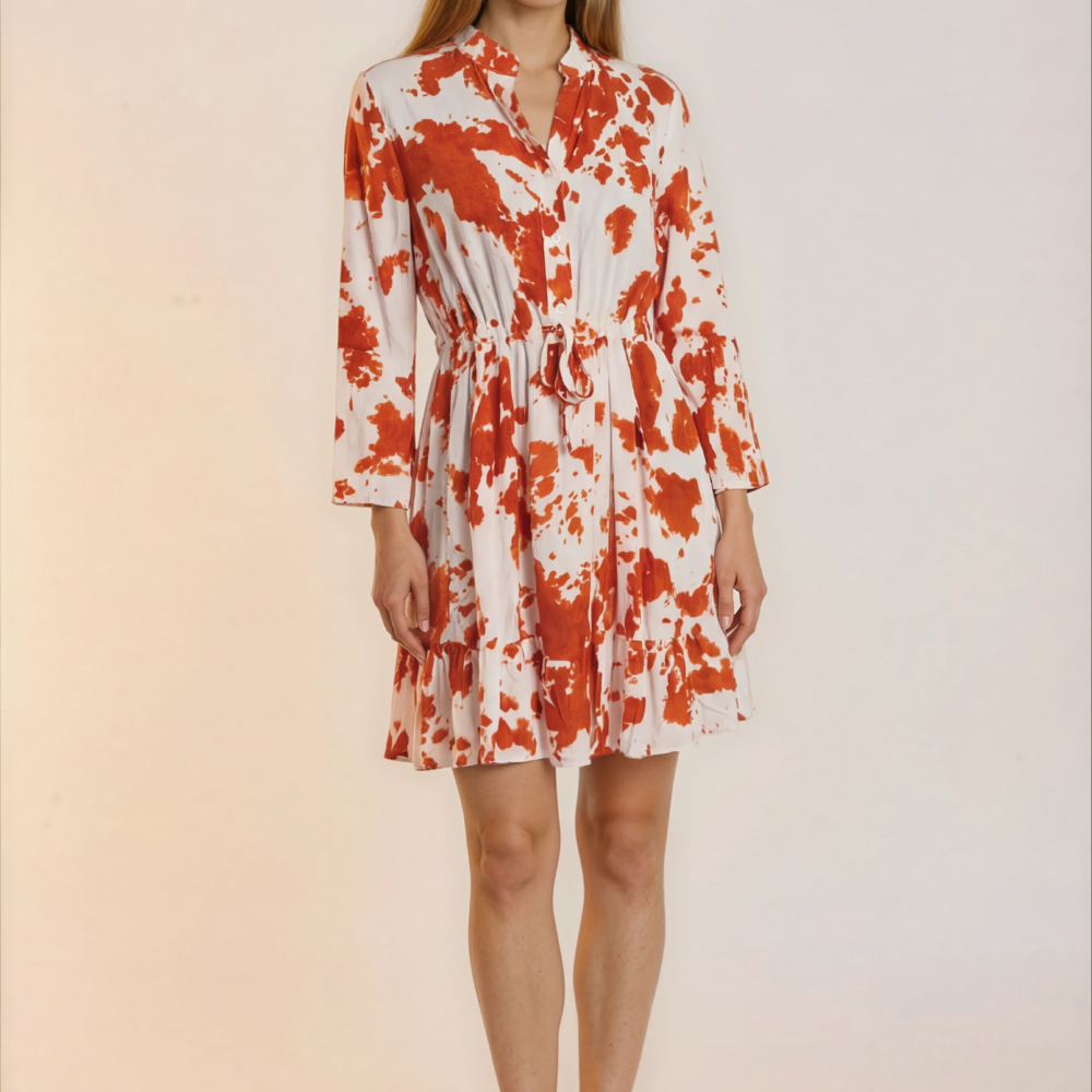 1000018727-women footwear 2_front-Nora-Warm Studio Koralų spalvos raštų suknelė su raukiniais.