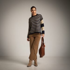 Laisvo kirpimo dryžuotas megztinis.