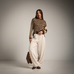 Laisvo kirpimo dryžuotas megztinis.