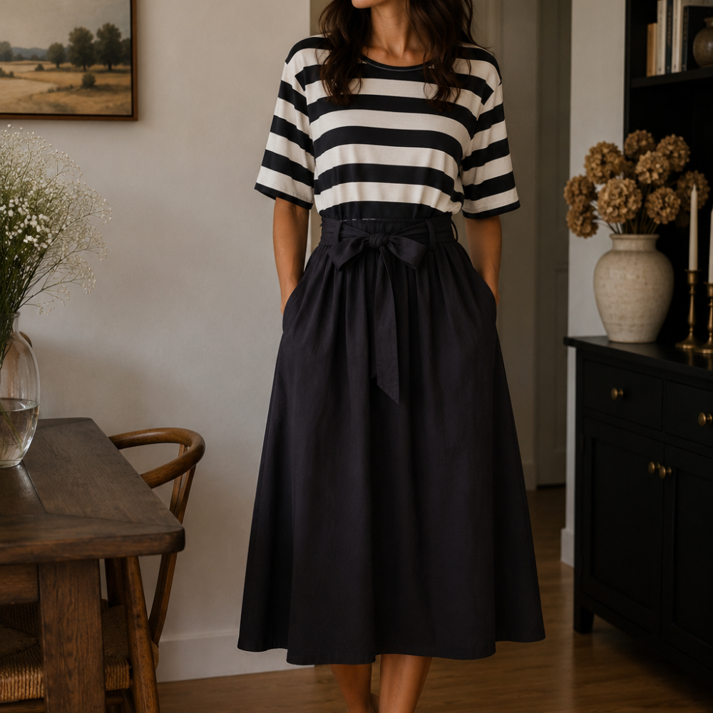 ,,Marina'' dryžuota midi suknelė su dirželiu