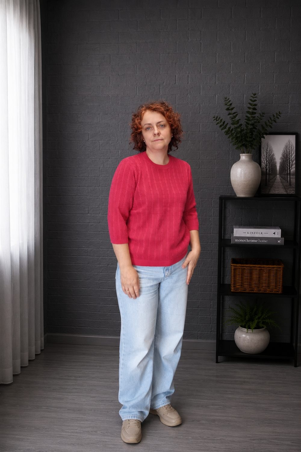Avietinė ažūrinė megzta palaidinė su angora, vaizdas iš priekio