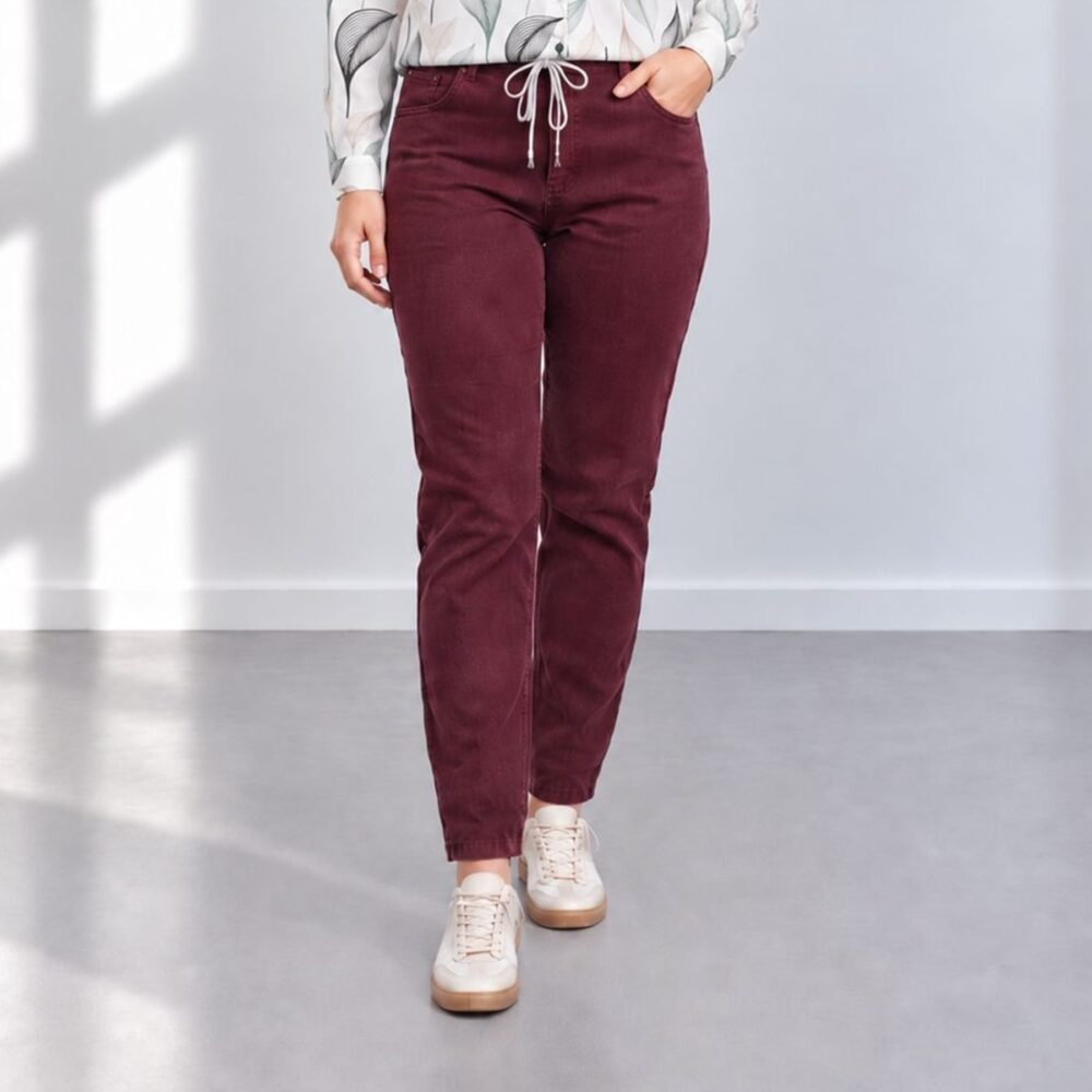 Bordo spalvos Mom Fit džinsai, vaizdas iš priekio